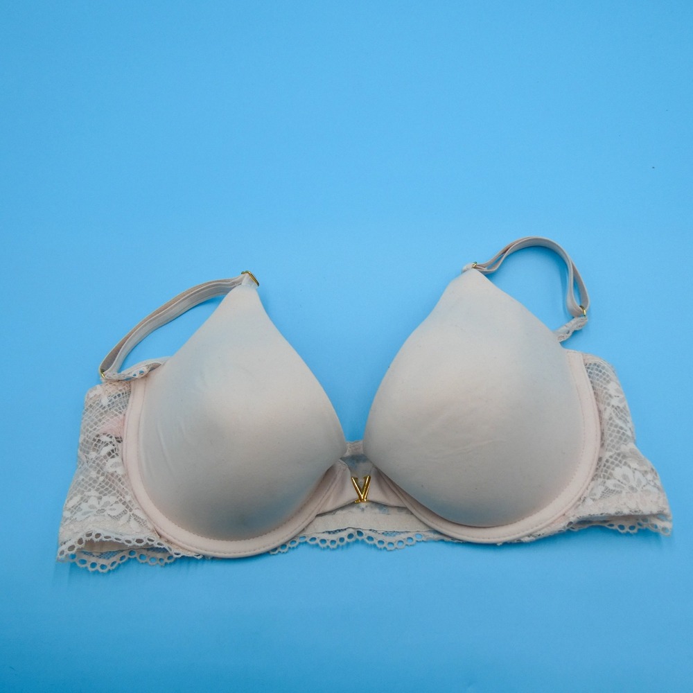 Victoria's Secret Bra Womens 36B Uplift Demi Pink Lace Gold V Recycled Polyamide